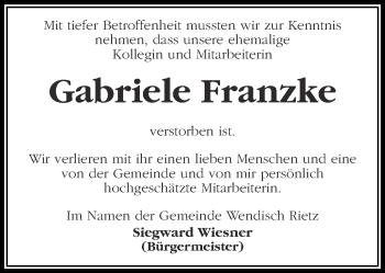 Traueranzeige von Gabriele Franzke von Märkische Oderzeitung