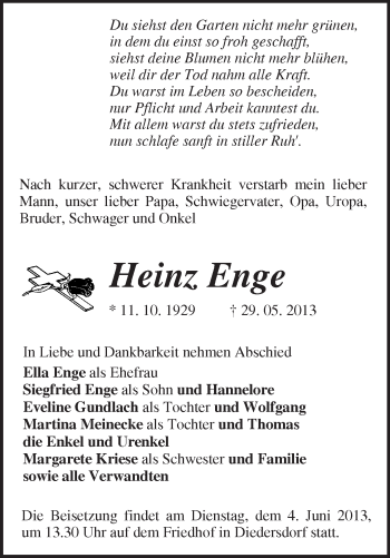 Traueranzeige von Heinz Enge von Märkische Oderzeitung