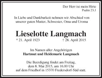 Traueranzeige von Lieselotte Langmach von Märkische Oderzeitung