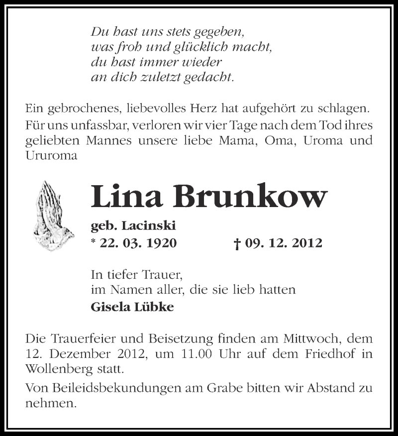  Traueranzeige für Lina Brunkow vom 11.12.2012 aus Märkische Oderzeitung