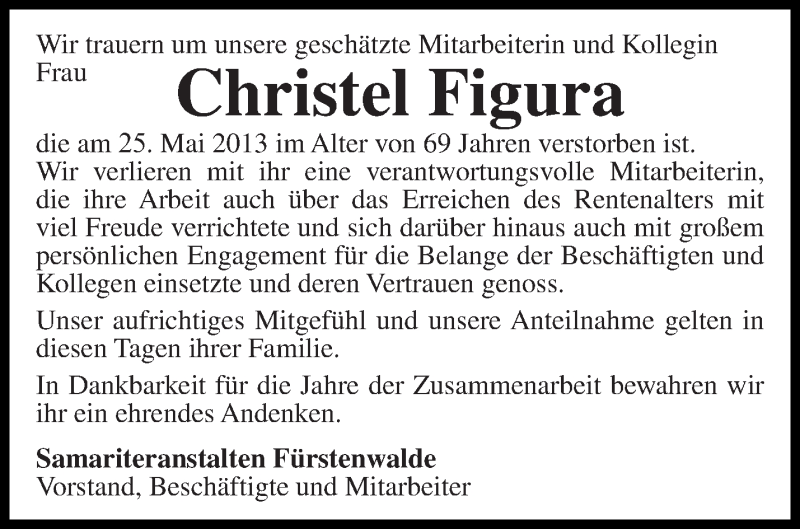  Traueranzeige für Christel Figura vom 01.06.2013 aus Märkische Oderzeitung