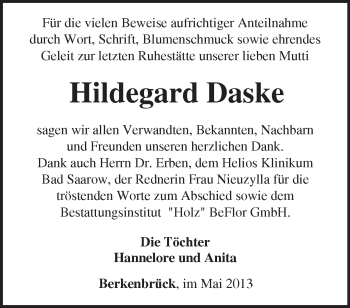 Traueranzeige von Hildegard Daske von Märkische Oderzeitung