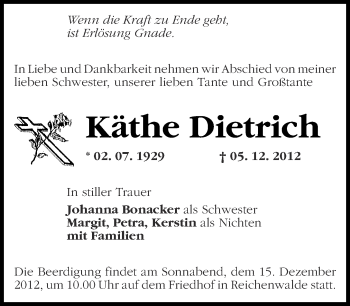 Traueranzeige von Käthe Dietrich von Märkische Oderzeitung