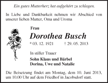 Traueranzeige von Dorothea Busch von Märkische Oderzeitung