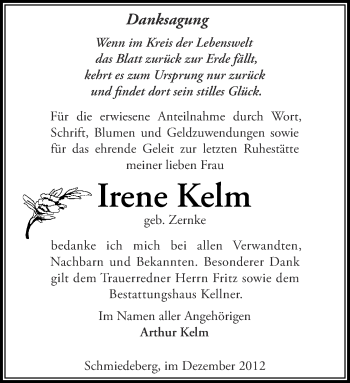 Traueranzeige von Irene Kelm von Märkische Oderzeitung