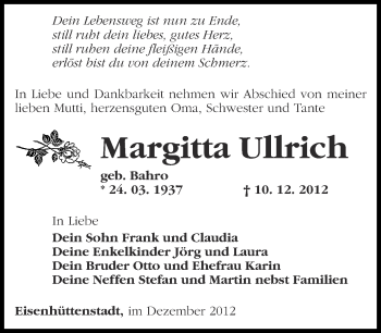 Traueranzeige von Margitta Ullrich von Märkische Oderzeitung