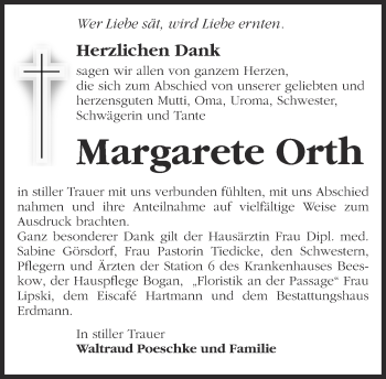 Traueranzeige von Margarete Orth von Märkische Oderzeitung