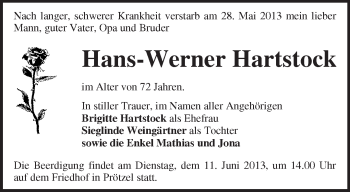 Traueranzeige von Hans-Werner Hartstock von Märkische Oderzeitung