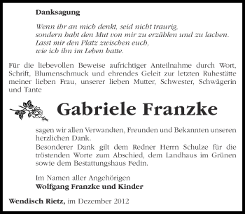 Traueranzeige von Gabriele Franzke von Märkische Oderzeitung