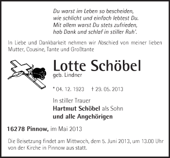 Traueranzeige von Lotte Schöbel von Märkische Oderzeitung