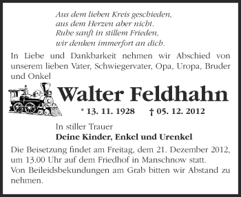 Traueranzeige von Walter Feldhahn von Märkische Oderzeitung