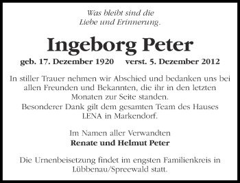 Traueranzeige von Ingeborg Peter von Märkische Oderzeitung