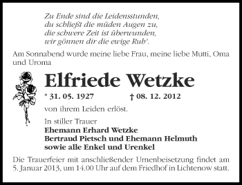 Traueranzeige von Elfriede Wetzke von Märkische Oderzeitung