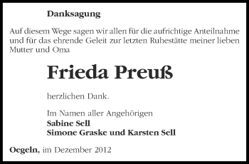 Traueranzeige von Frieda Preuß von Märkische Oderzeitung