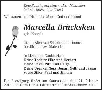 Traueranzeige von Marcella Brücksken von Märkische Oderzeitung