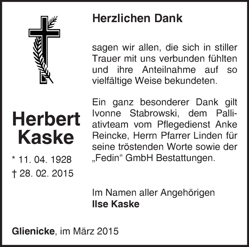  Traueranzeige für Herbert Kaske vom 21.03.2015 aus Märkische Oderzeitung