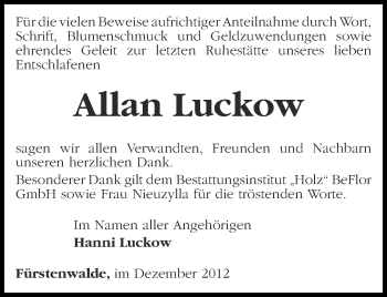 Traueranzeige von Allan Luckow von Märkische Oderzeitung