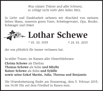 Traueranzeige von Lothar Schewe von Märkische Oderzeitung