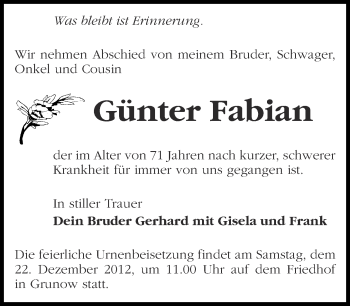 Traueranzeige von Günter Fabian von Märkische Oderzeitung