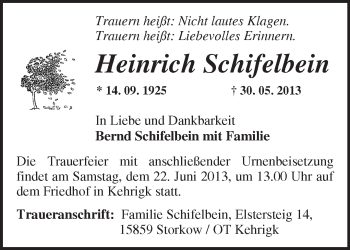 Traueranzeige von Heinrich Schifelbein von Märkische Oderzeitung