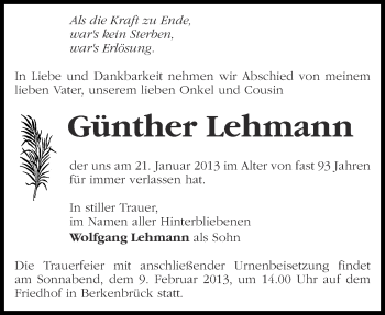 Traueranzeige von Günther Lehmann von Märkische Oderzeitung