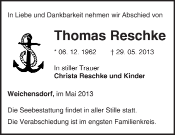 Traueranzeige von Thomas Reschke von Märkische Oderzeitung