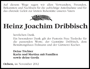 Traueranzeige von Heinz Joachim Dribbisch von Märkische Oderzeitung