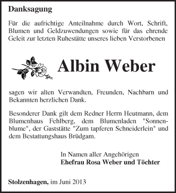 Traueranzeige von Albin Weber von Märkische Oderzeitung