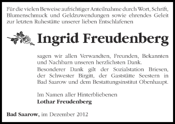 Traueranzeige von Ingrid Freudenberg von Märkische Oderzeitung