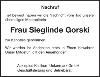 Traueranzeige von Sieglinde Gorski von Märkische Oderzeitung