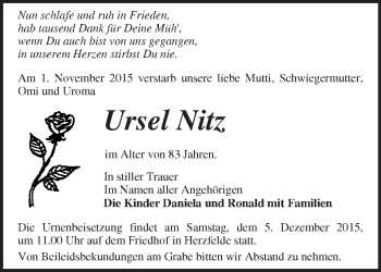 Traueranzeige von Ursel Nitz von Märkische Oderzeitung