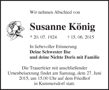 Traueranzeige von Susanne König von Märkische Oderzeitung