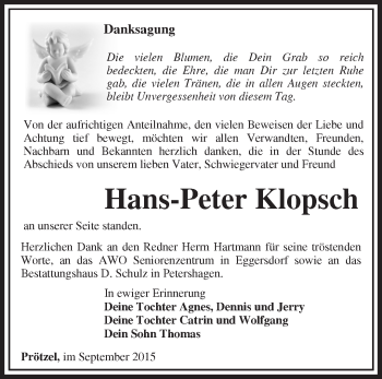 Traueranzeige von Hans-Peter Klopsch von Märkische Oderzeitung