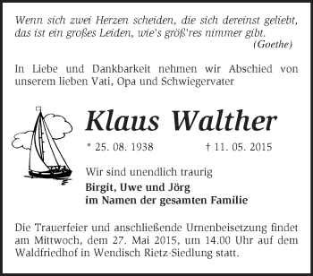 Traueranzeige von Klaus Walther von Märkische Oderzeitung