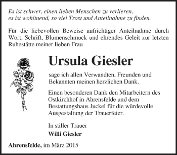 Traueranzeige von Ursula Giesler von Märkische Oderzeitung