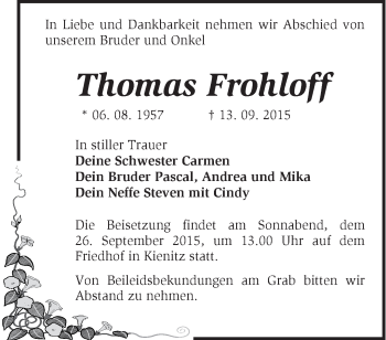 Traueranzeige von Thomas Frohloff von Märkische Oderzeitung