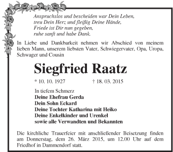 Traueranzeige von Siegfried Raatz von Märkische Oderzeitung