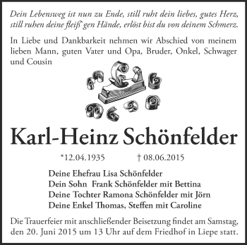 Traueranzeige von Karl-Heinz Schönfelder von Märkische Oderzeitung