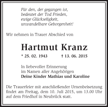 Traueranzeige von Hartmut Kranz von Märkische Oderzeitung