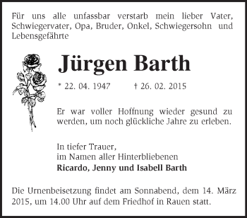 Traueranzeige von Jürgen Barth von Märkische Oderzeitung