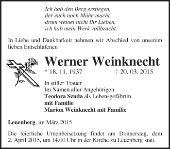 Traueranzeige von Werner Weinknecht von Märkische Oderzeitung