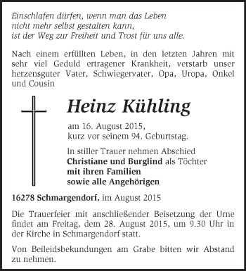 Traueranzeige von Heinz Kühling von Märkische Oderzeitung