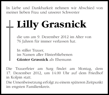 Traueranzeige von Lilly Grasnick von Märkische Oderzeitung