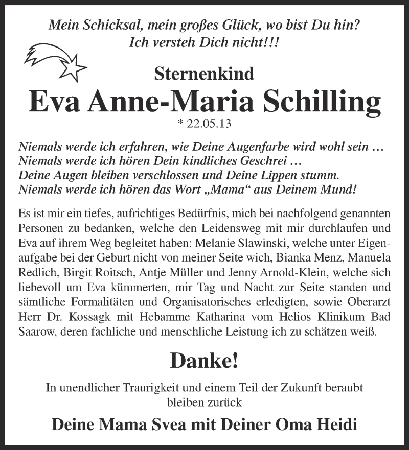  Traueranzeige für Eva Anne-Maria Schilling vom 08.06.2013 aus Märkische Oderzeitung