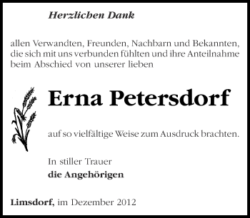 Traueranzeige von Erna Petersdorf von Märkische Oderzeitung