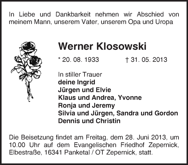  Traueranzeige für Werner Klosowski vom 08.06.2013 aus Märkische Oderzeitung