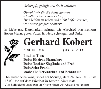 Traueranzeige von Gerhard Kobert von Märkische Oderzeitung