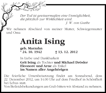 Traueranzeige von Anita Ising von Märkische Oderzeitung