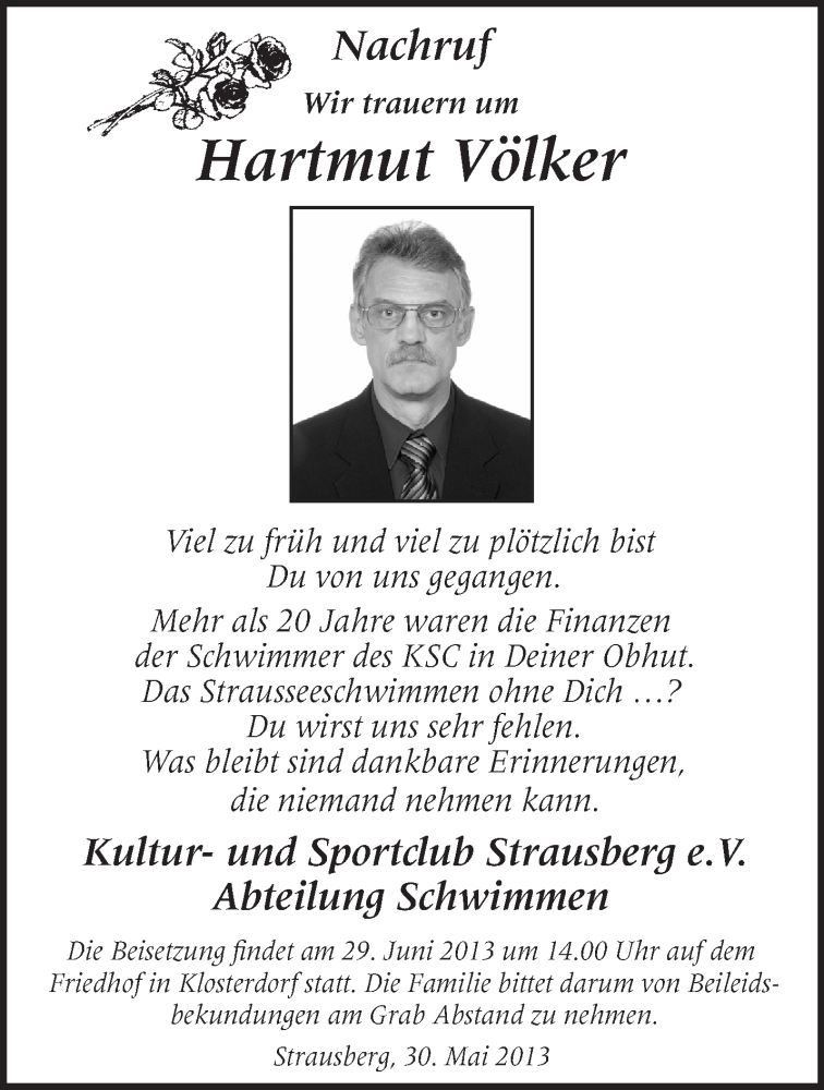  Traueranzeige für Hartmut Völker vom 08.06.2013 aus Märkische Oderzeitung