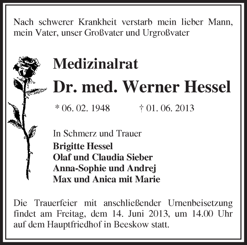  Traueranzeige für Werner Hessel vom 05.06.2013 aus Märkische Oderzeitung